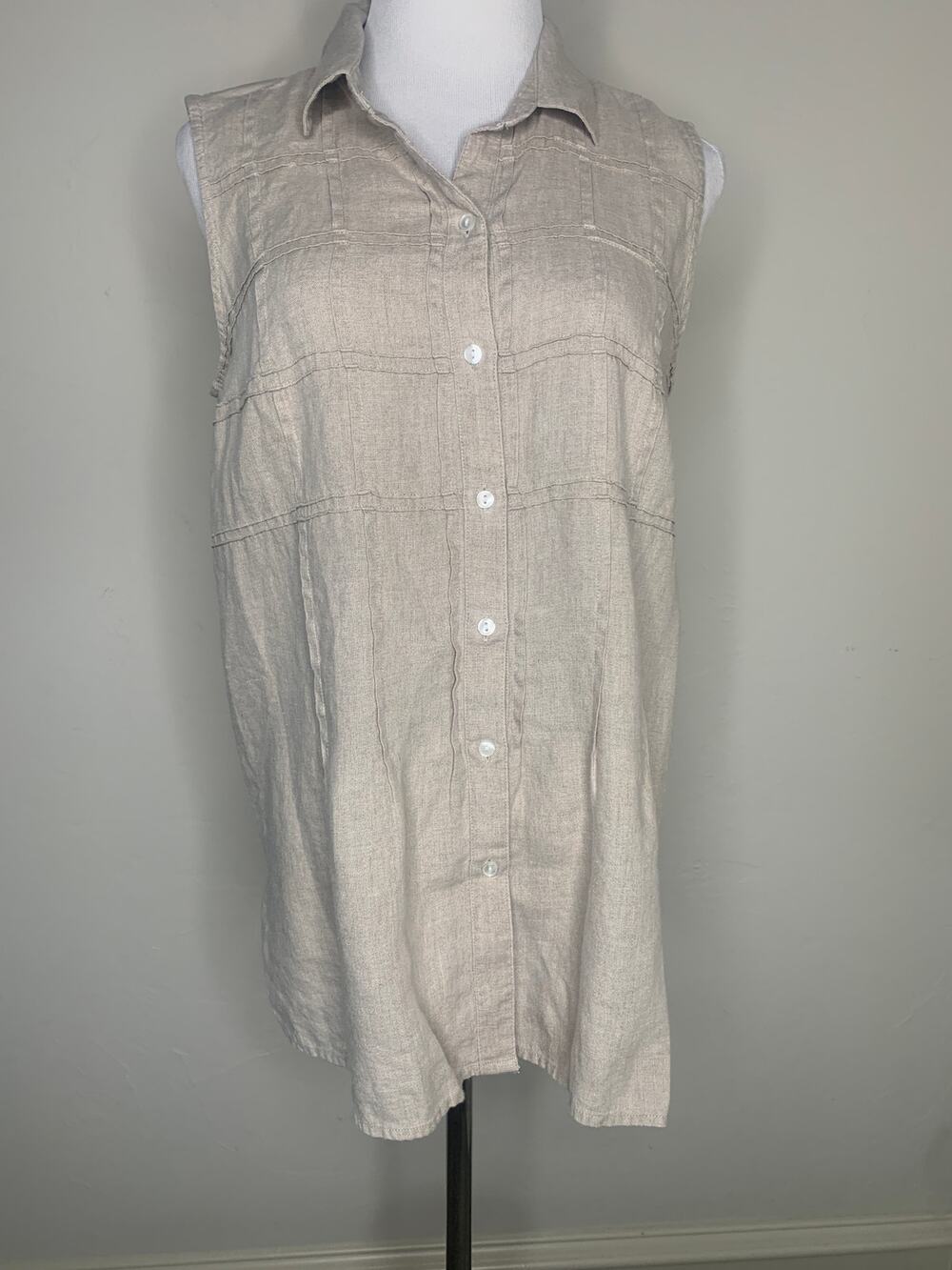 Charter Club Beige Linen Sleeveless Tunic Grid Pintucks Sz Small